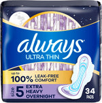 Always Ultra Thin Size 5 Extra Heavy Overnight Pads front packaging showing 34 count.