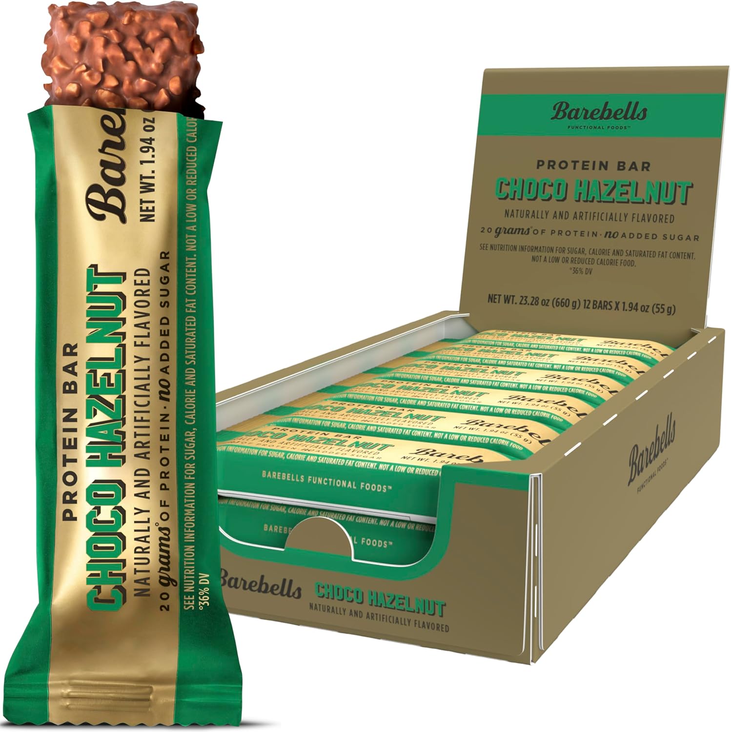 Barebells Choco Hazelnut Protein Bar front package view showing 20g protein claim