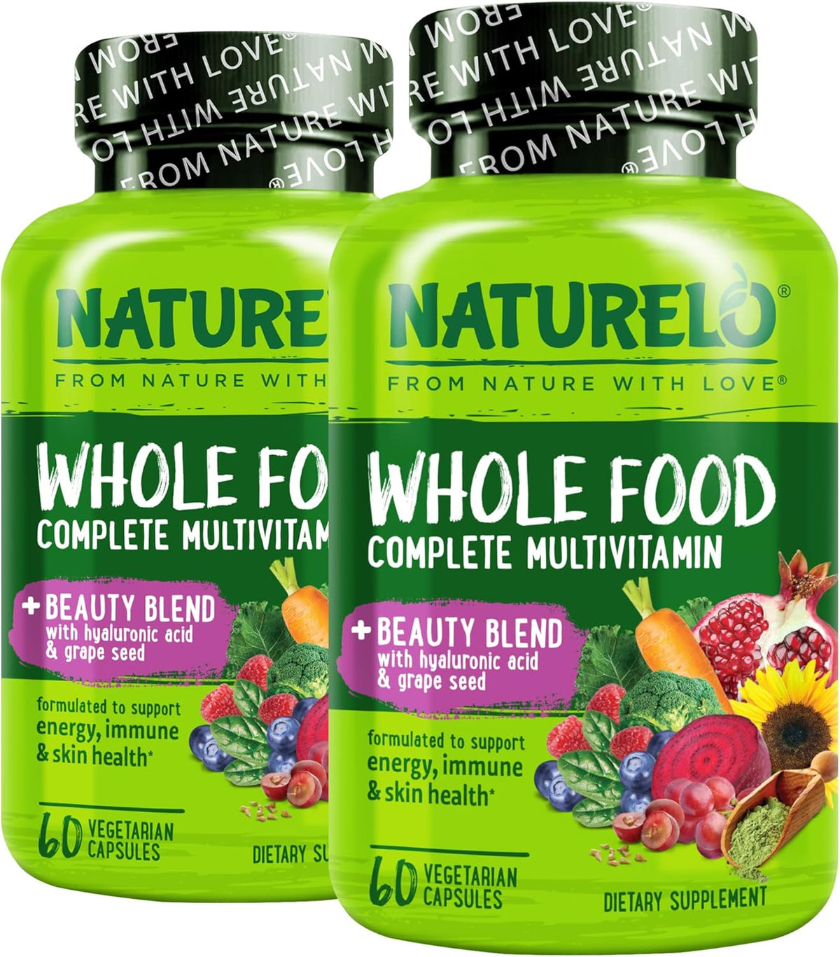 NATURELO Whole Food Multivitamin with Extra Hair, Skin and Nails Support - Beauty Blend with Hyaluronic Acid & Grape Seed - High Potency Biotin, Vitamin C, and Glutathione - 60 Vegan Capsules - Image 9