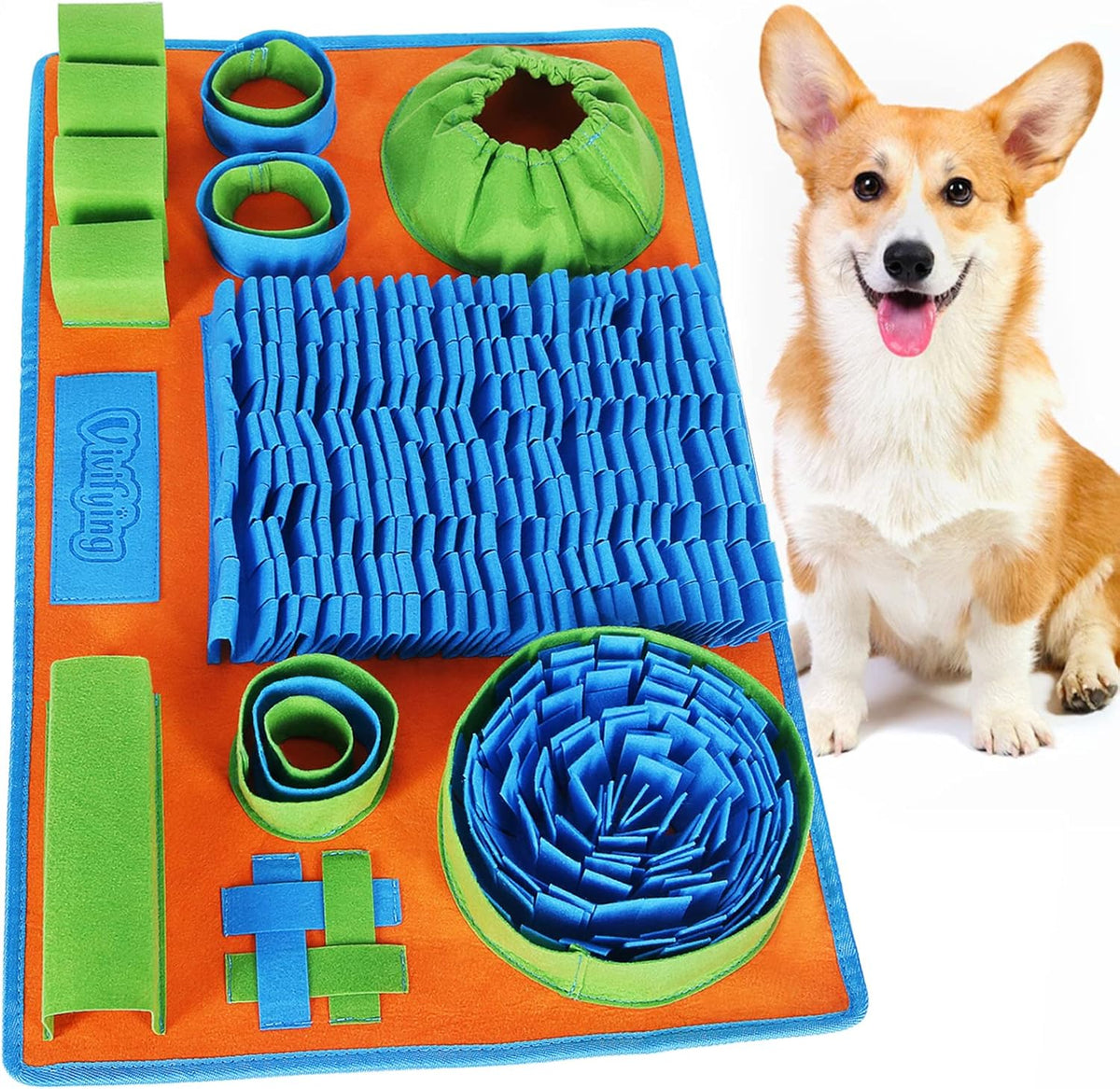 Vivifying snuffle mat for dogs front view showing blue and green foraging areas