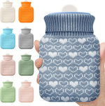 Amylove mini hot water bottle front view showing stone blue silicone body and knitted cover