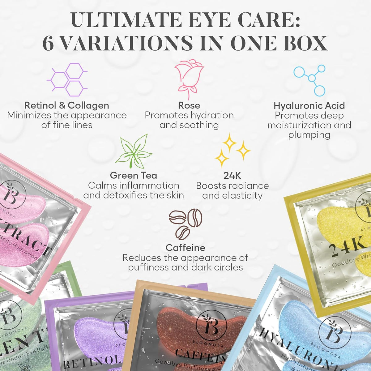 Bloomora eye mask set showing 30 pairs packaging