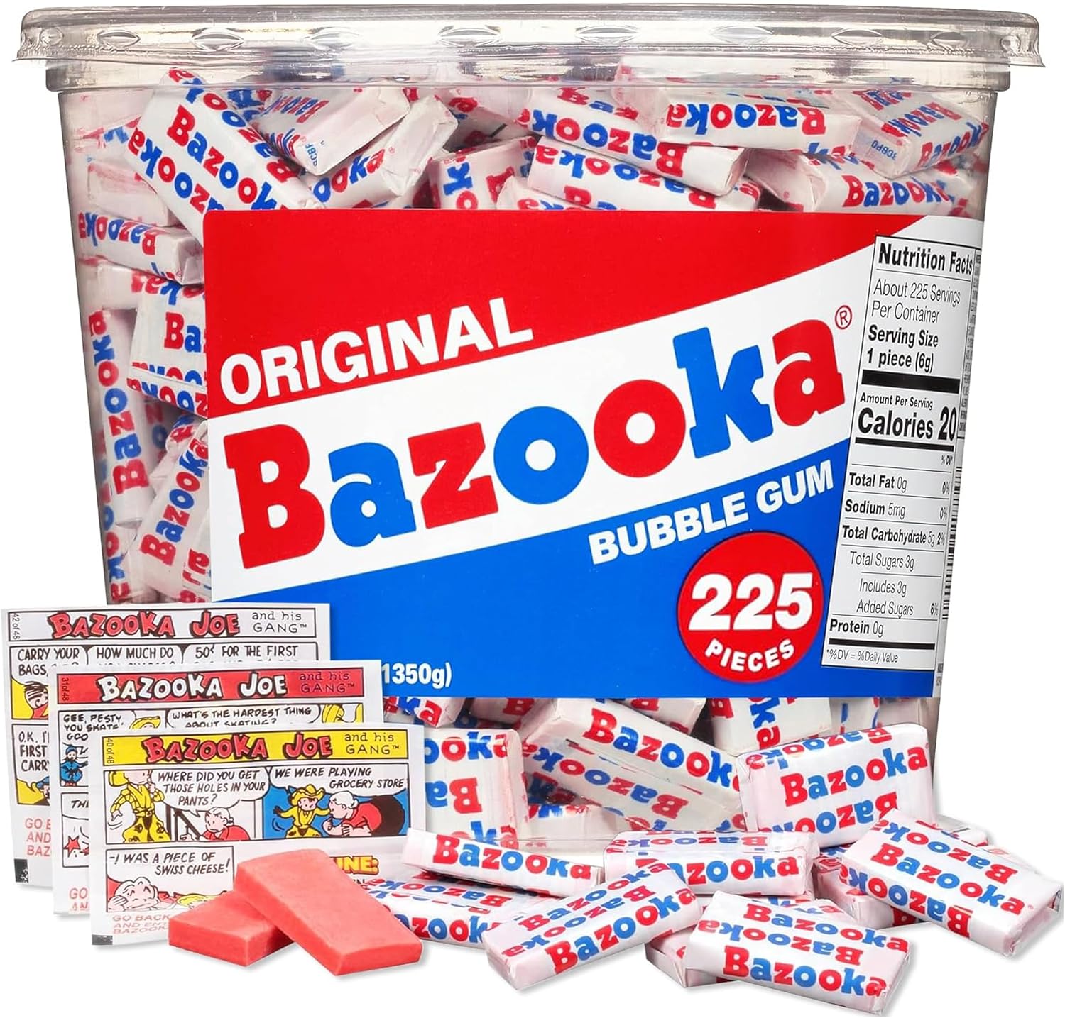 Bazooka Original Bubble Gum Bulk Tub front view showing classic red white and blue packaging