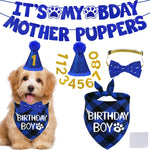 STMK dog birthday decorations kit front view showcasing blue plaid bandana and hat