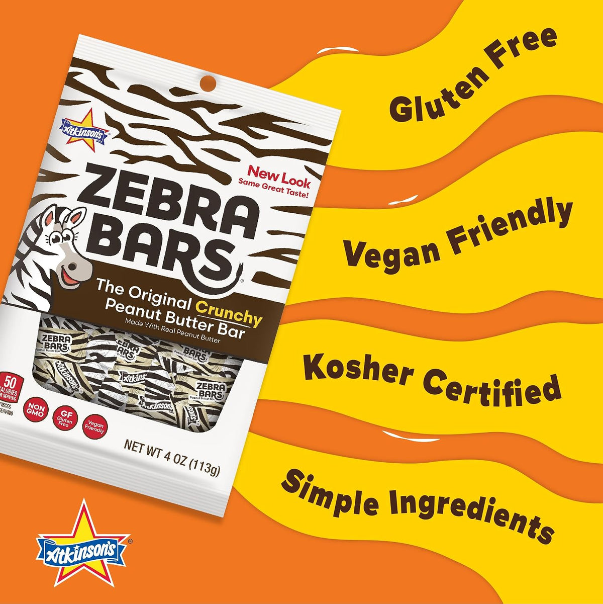Atkinson's Zebra Bars packaging reverse side showing the nutritional information and gluten free vegan certification labels.