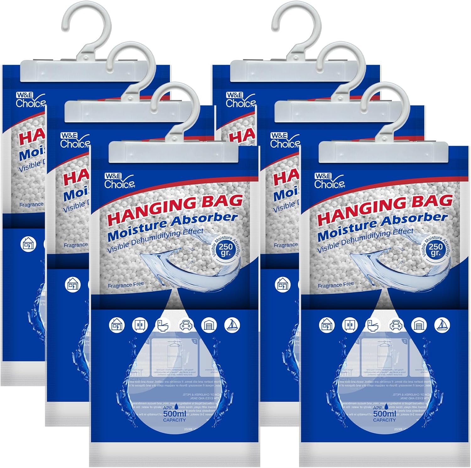 W&E Choice Moisture Absorber Hanging Bags front view showing calcium chloride crystals.