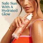Kopari Rose Gold sunscreen gel bottle with tropical background