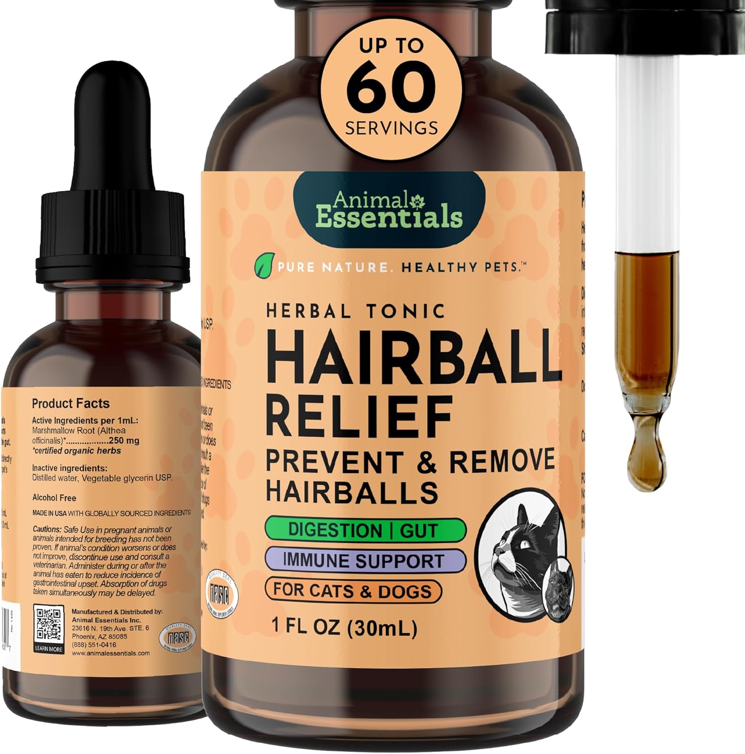 Animal Essentials Hairball Relief Formula 1 fluid ounce bottle front view natural pet supplement