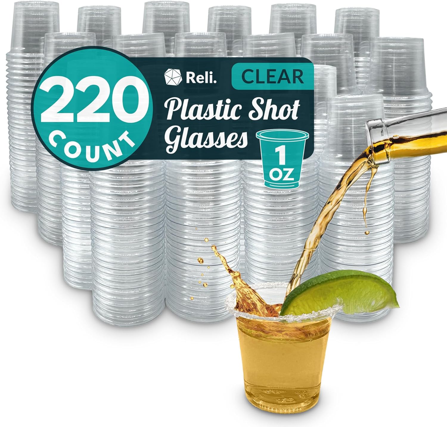 Reli. Party Bargains 220 Count Plastic Shot Glasses front view crystal clear texture.