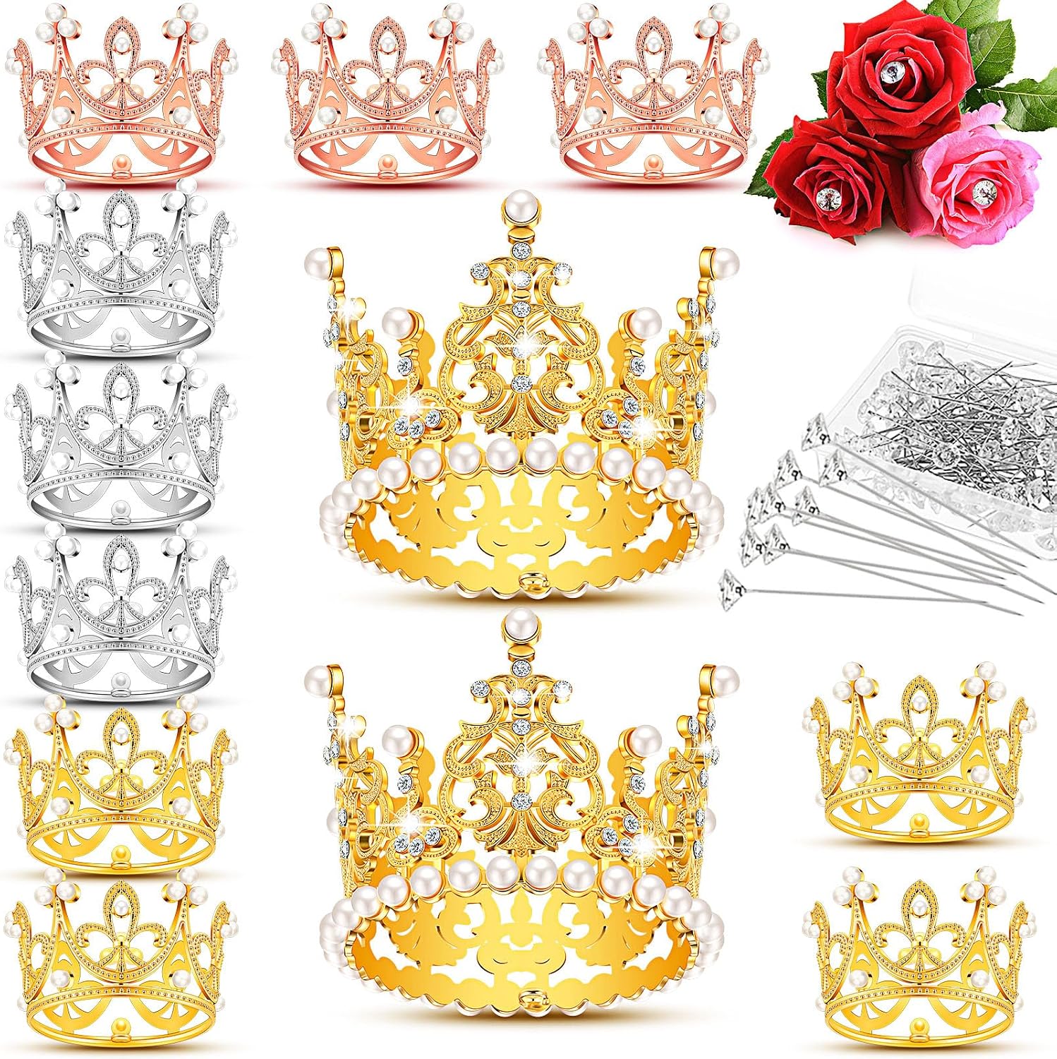 Chunful flower bouquet pins and crowns front view