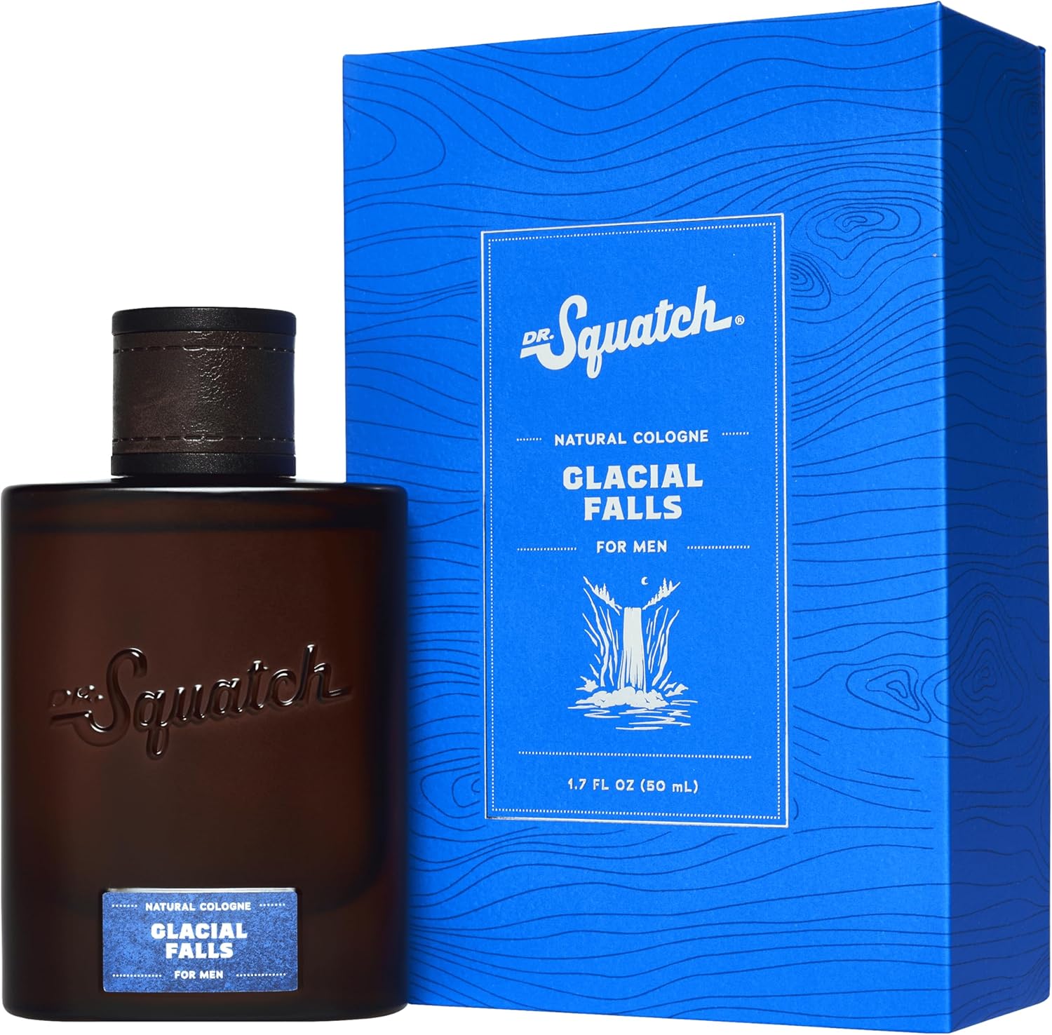 Dr. Squatch Natural Cologne Glacial Falls front view of the premium blue packaging box.