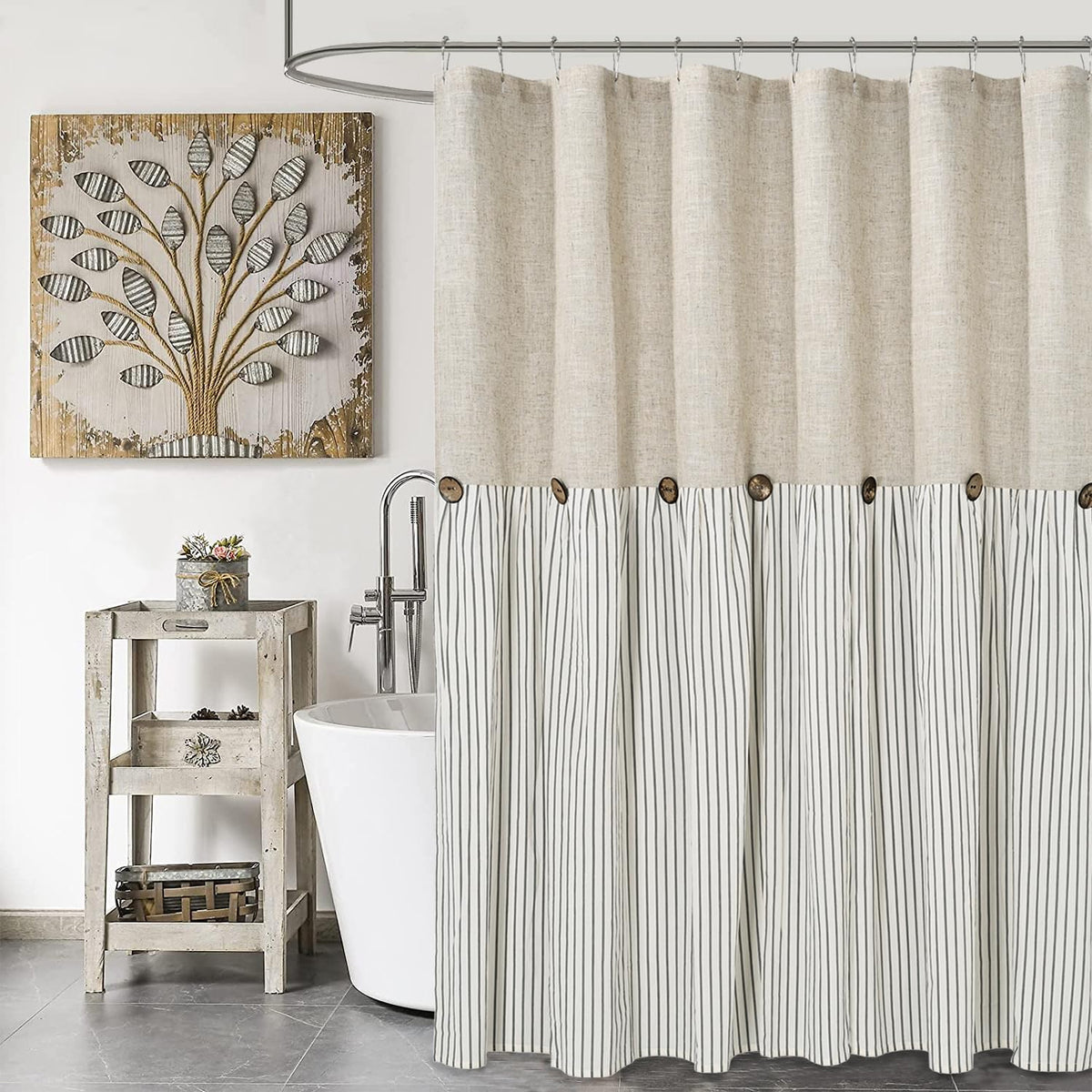DOSLY IDÉES Farmhouse Shower Curtain front view hanging in a rustic country style bathroom.