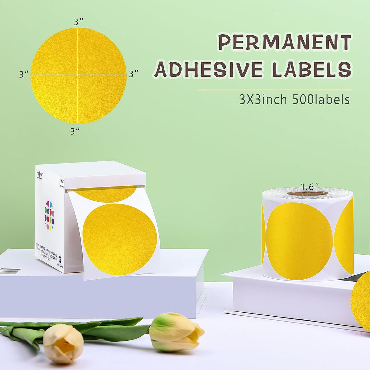 Parlaim gold circle sticker roll inside desktop dispenser box