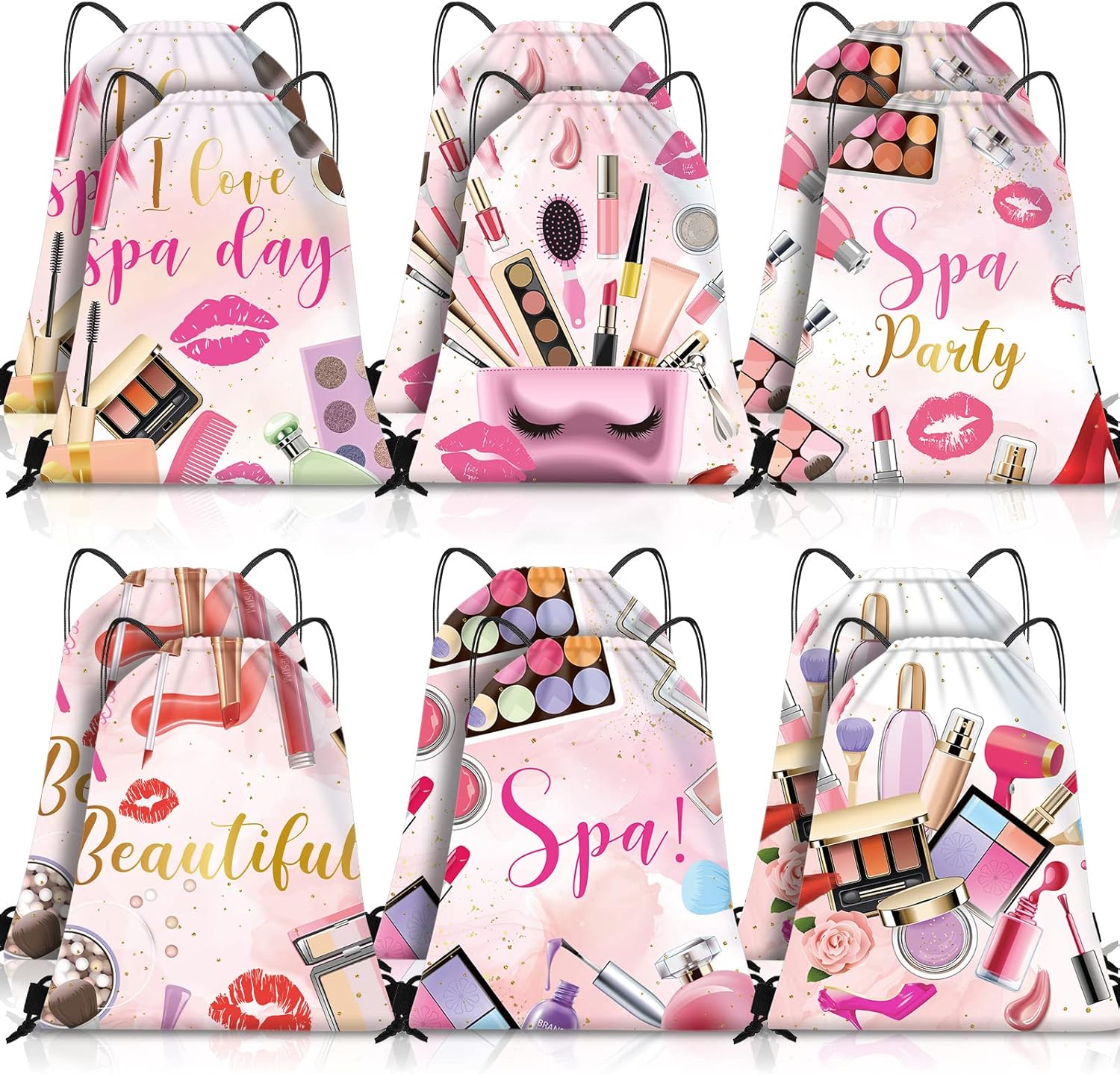 Equsion spa party favor bags front view showing six different makeup themed drawstring backpack designs