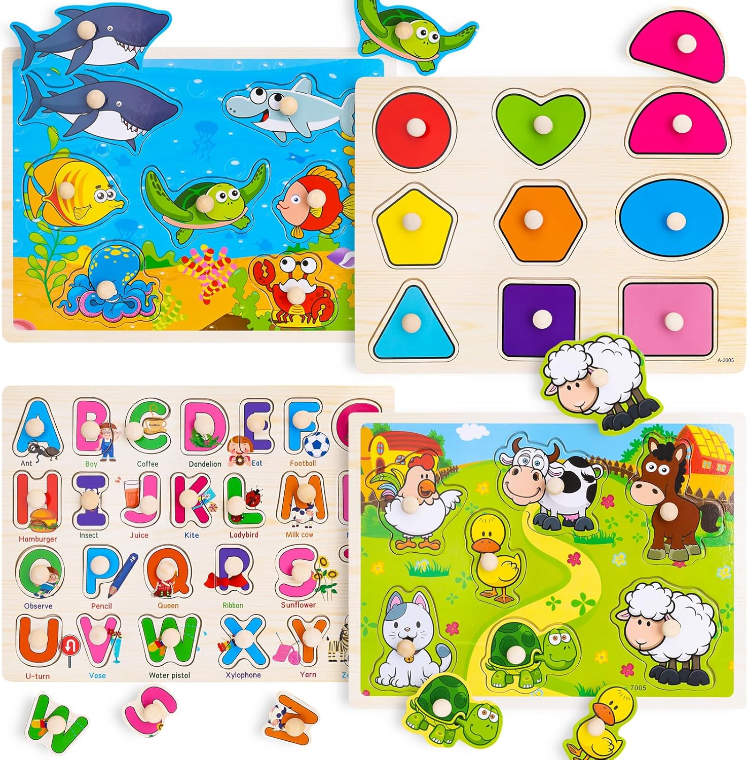 Peacurh wooden peg puzzles for toddlers four pack front view showing alphabet and shapes boards