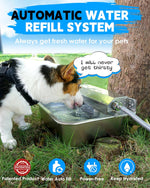 PETIMI two gallon automatic pet waterer connected to a garden hose outdoors