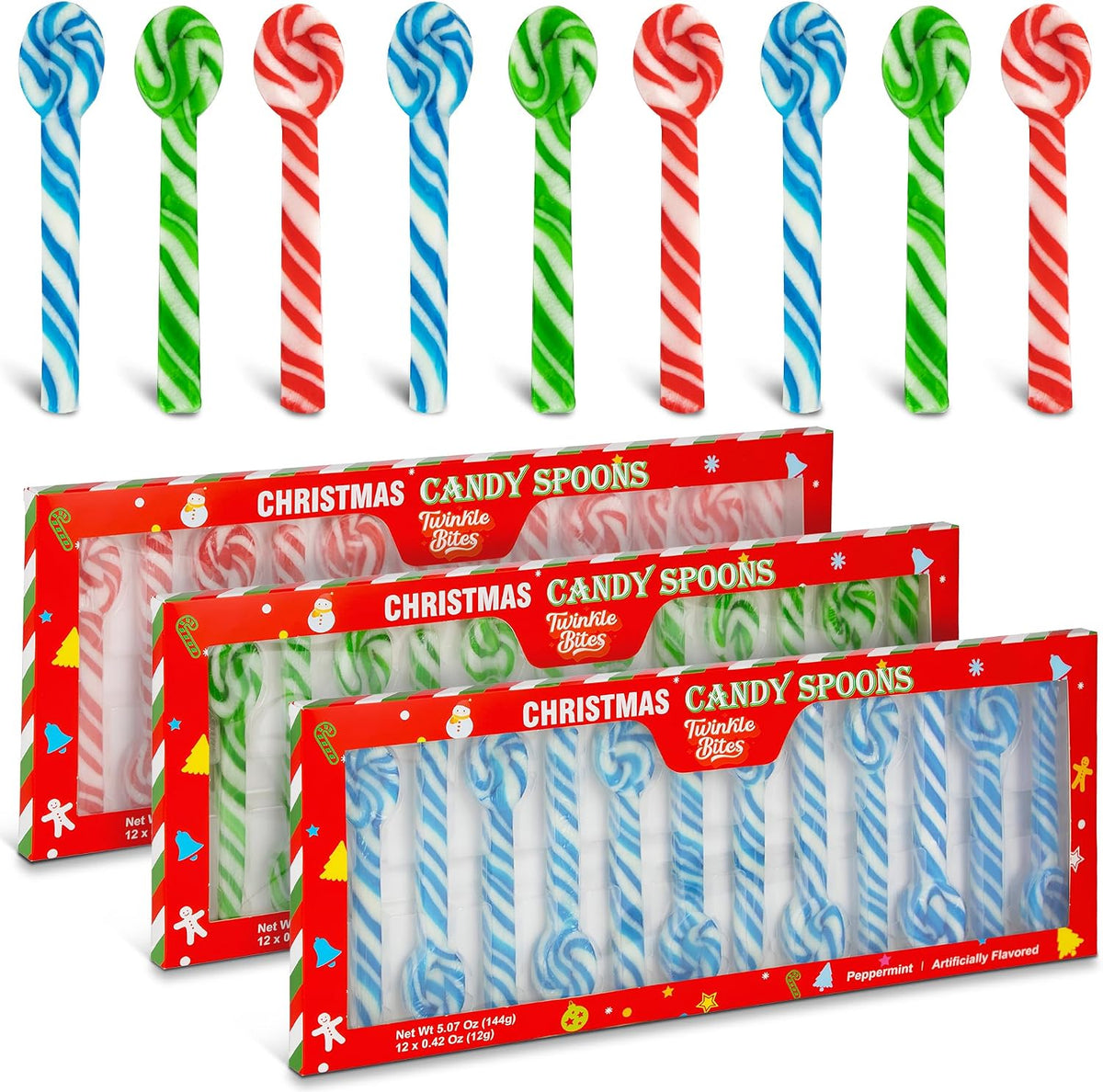 Twinkle Bites Christmas Candy Cane Spoon bulk pack front view showing individually wrapped peppermint stirrers