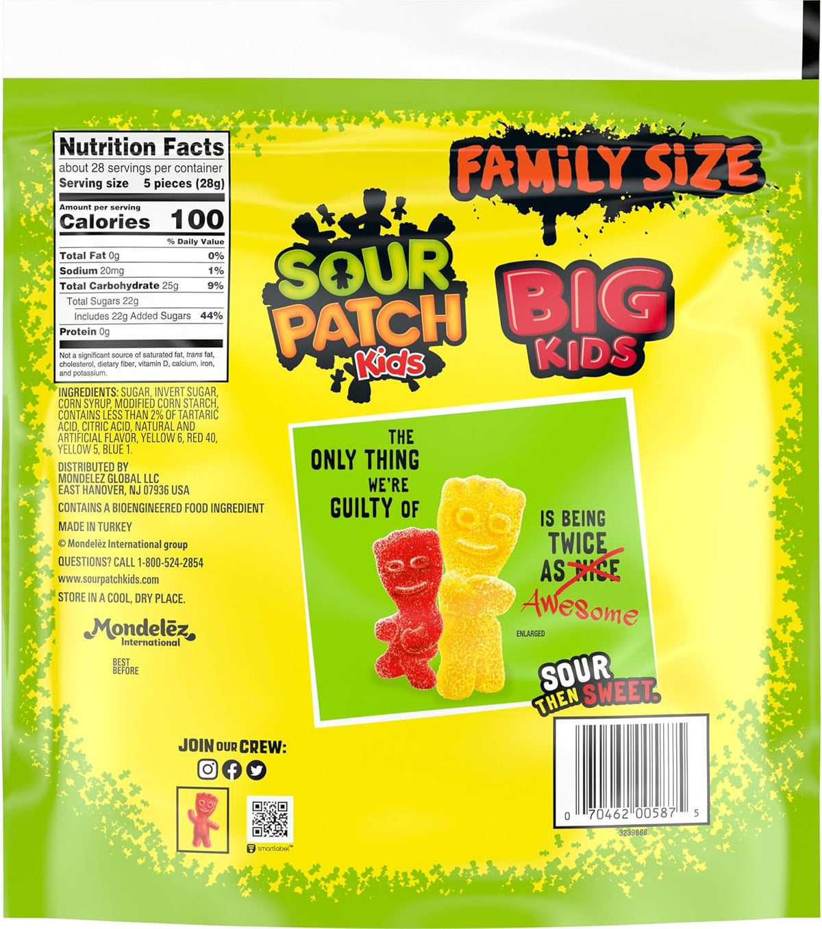 Close up view of twice larger red and green kid shaped chewy treats