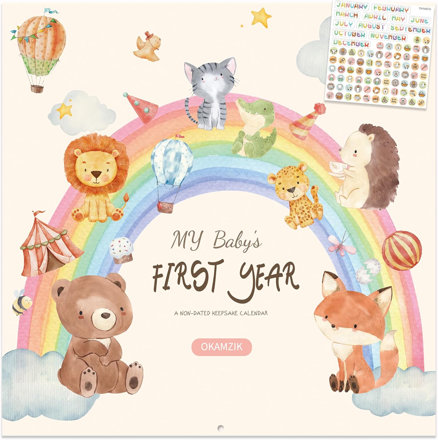 OKAMZIK baby first year calendar and memory book front view featuring watercolor jungle animals and rainbow illustrations