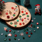 Assorted jingle bells, crystal beads, and pony beads laid out for DIY crafts.