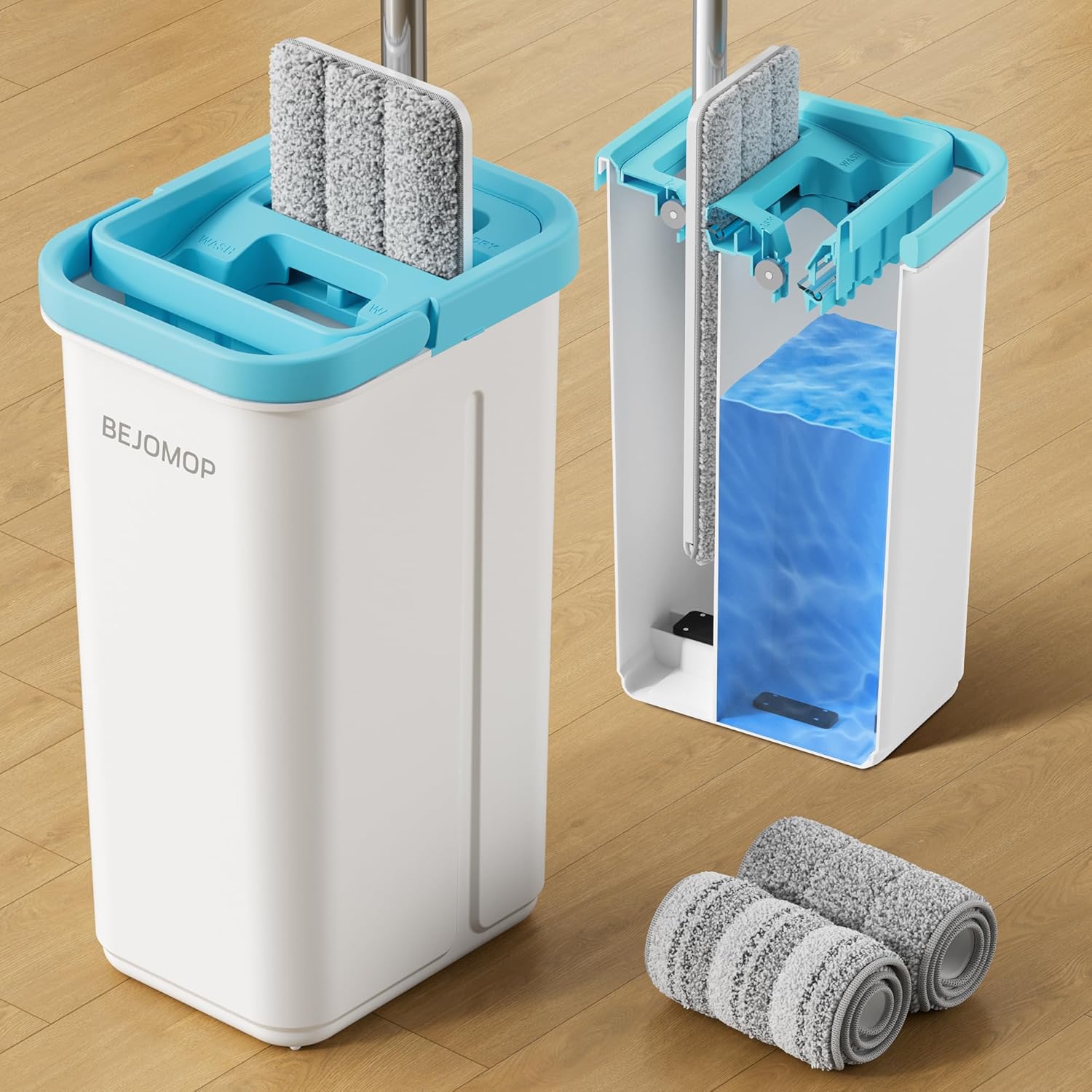 BEJOMOP Mop and Bucket Set front view showing turquoise dual chamber bucket.