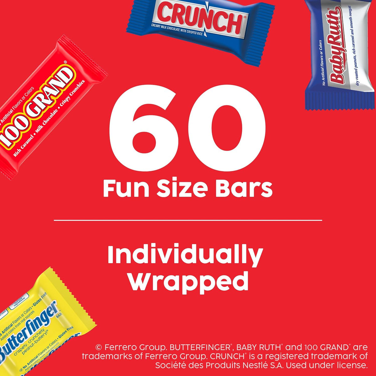 Individually wrapped Crunch and Baby Ruth fun size bars close up.