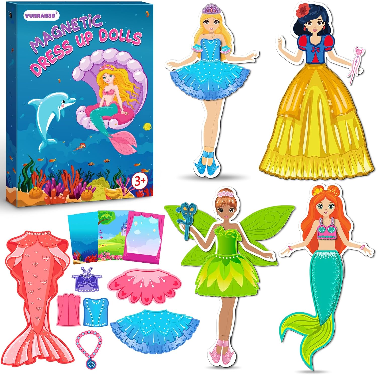 Vunrahsg magnetic dress up dolls princess playset front view showing packaging box