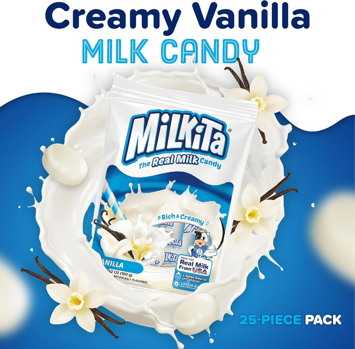 Close up of individually wrapped Milkita vanilla candy