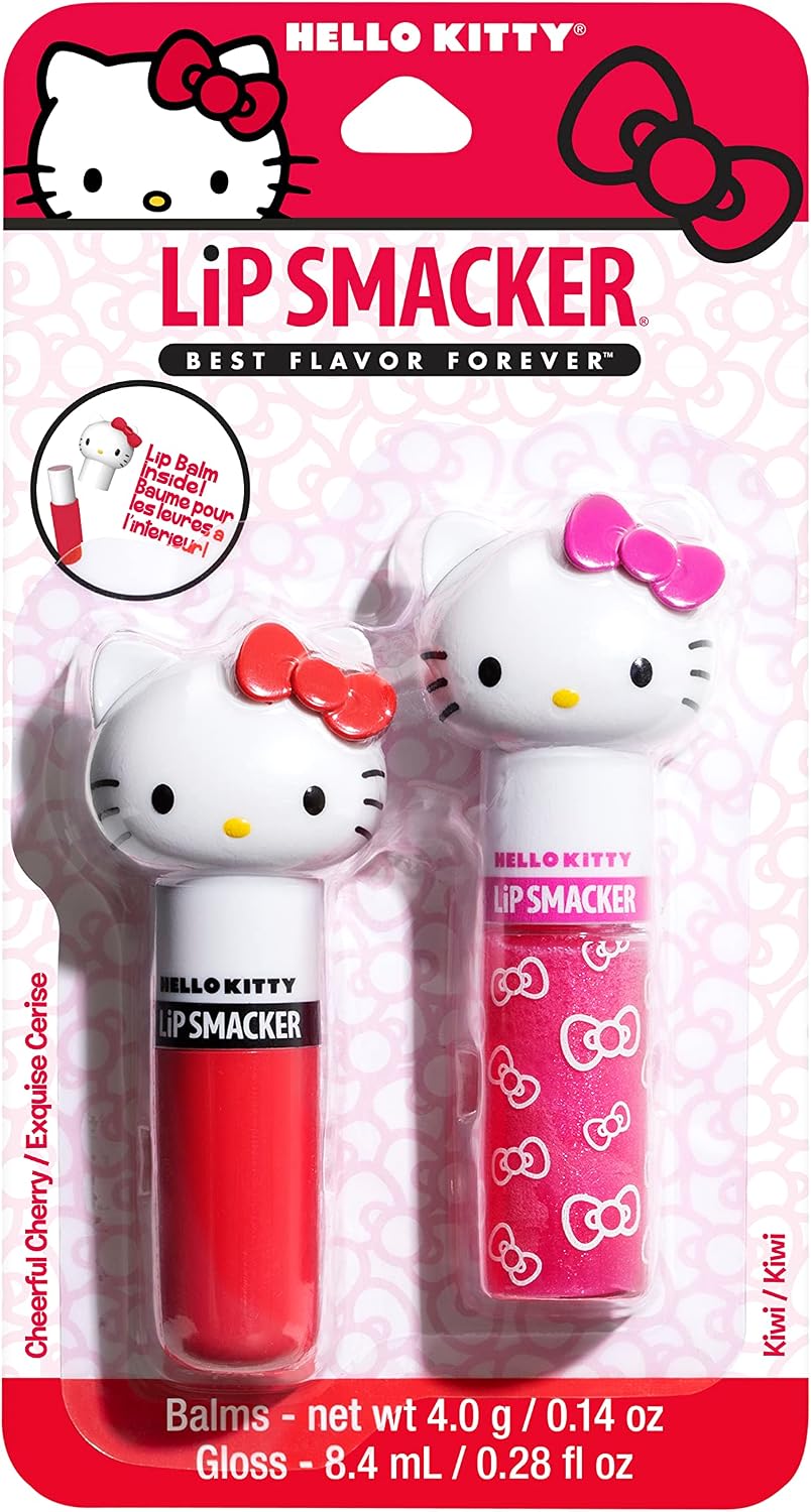 Hello Kitty cherry flavor lip balm and kiwi ice cream cone keychain set