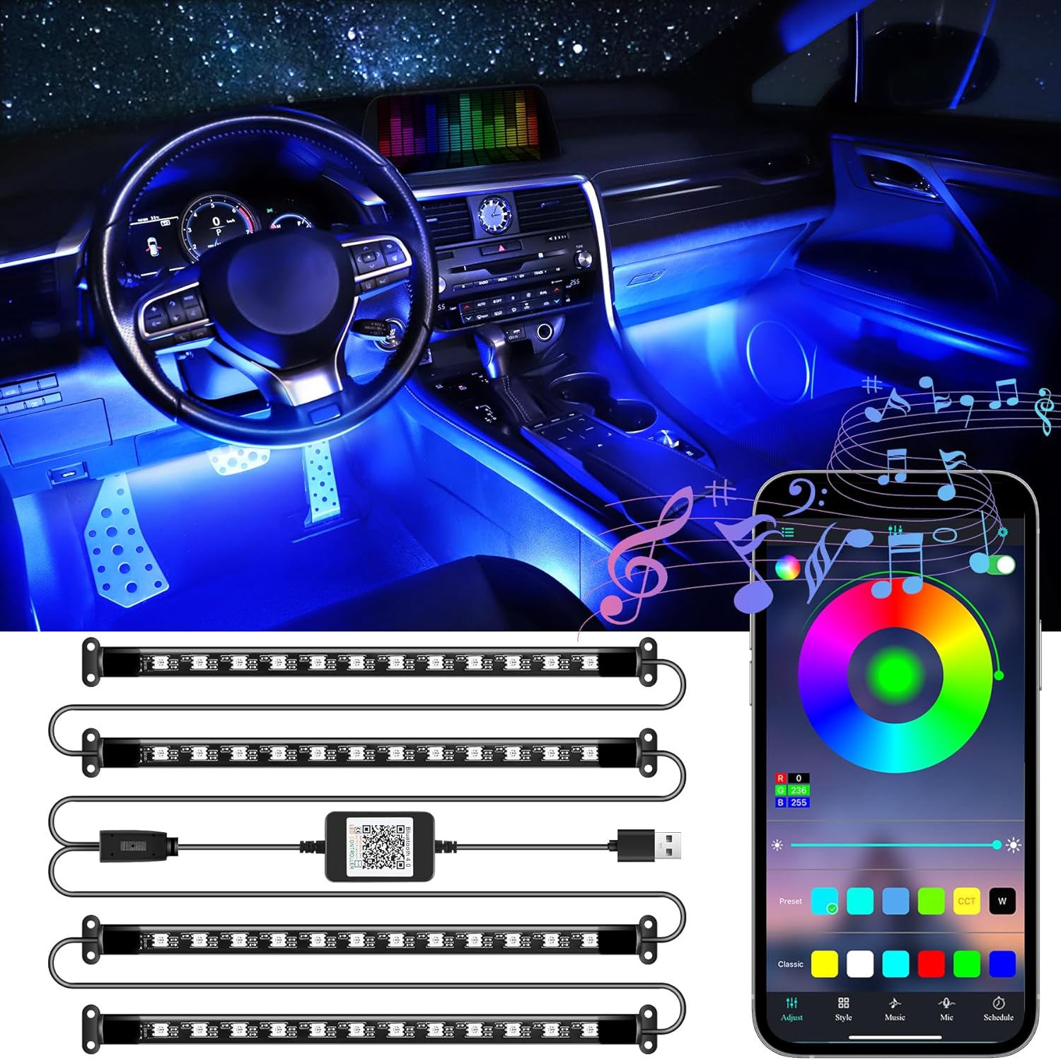 LivTee Accent Interior Car Lights front view packaging displaying the smart RGB LED strip kit features.