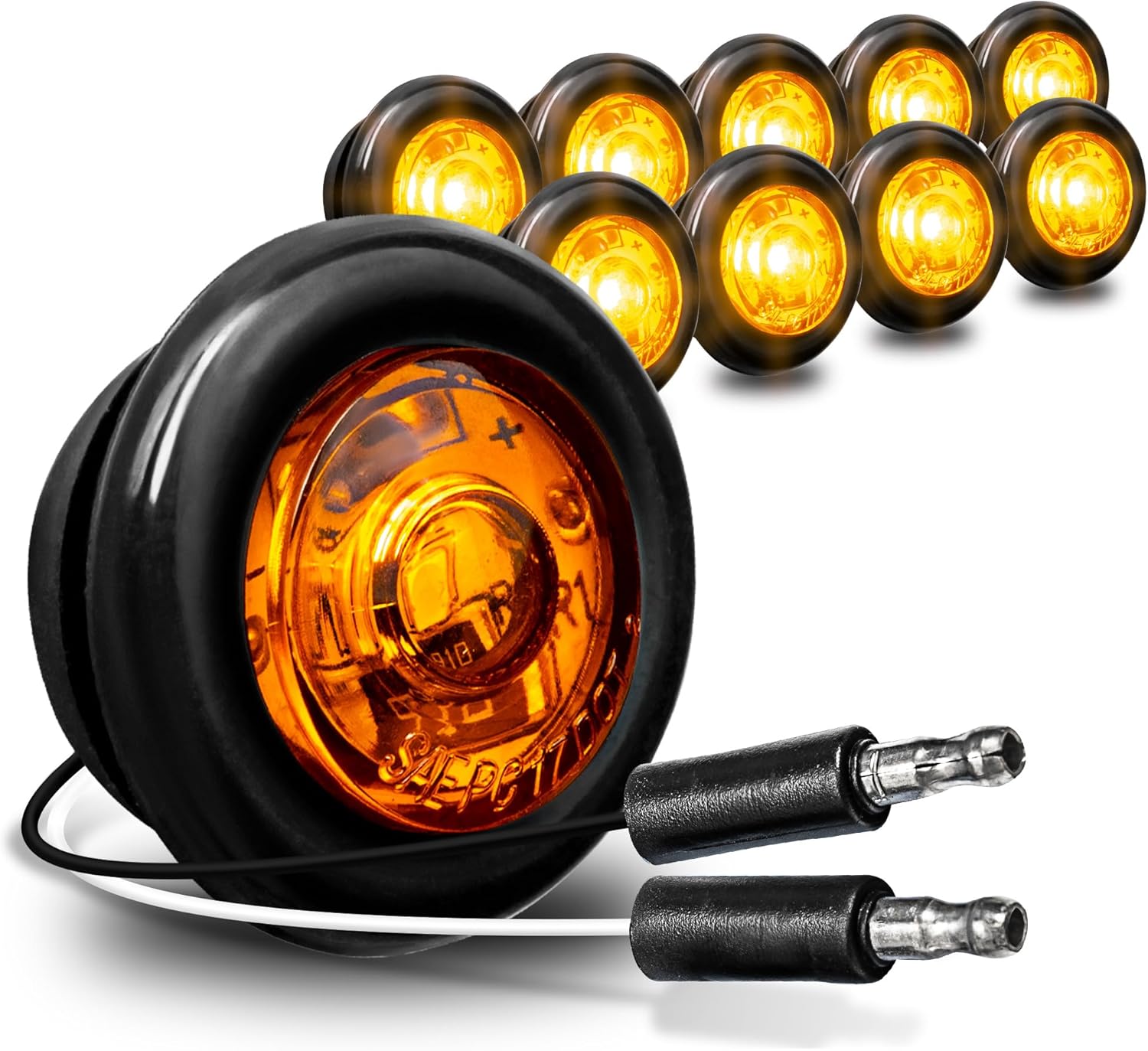 Online LED True Mods three quarter inch round amber trailer light pack front view showing ten pieces with rubber grommets