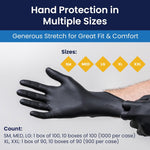 Ambidextrous heavy duty black nitrile gloves laid flat