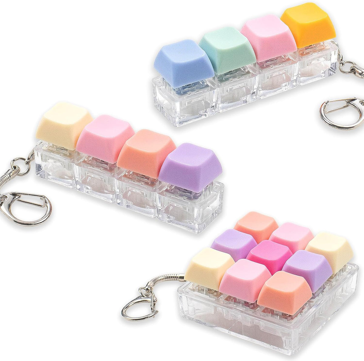 Gliging mechanical keyboard fidget toy keychain front view showing colorful pink orange pastel keycaps for anxiety relief