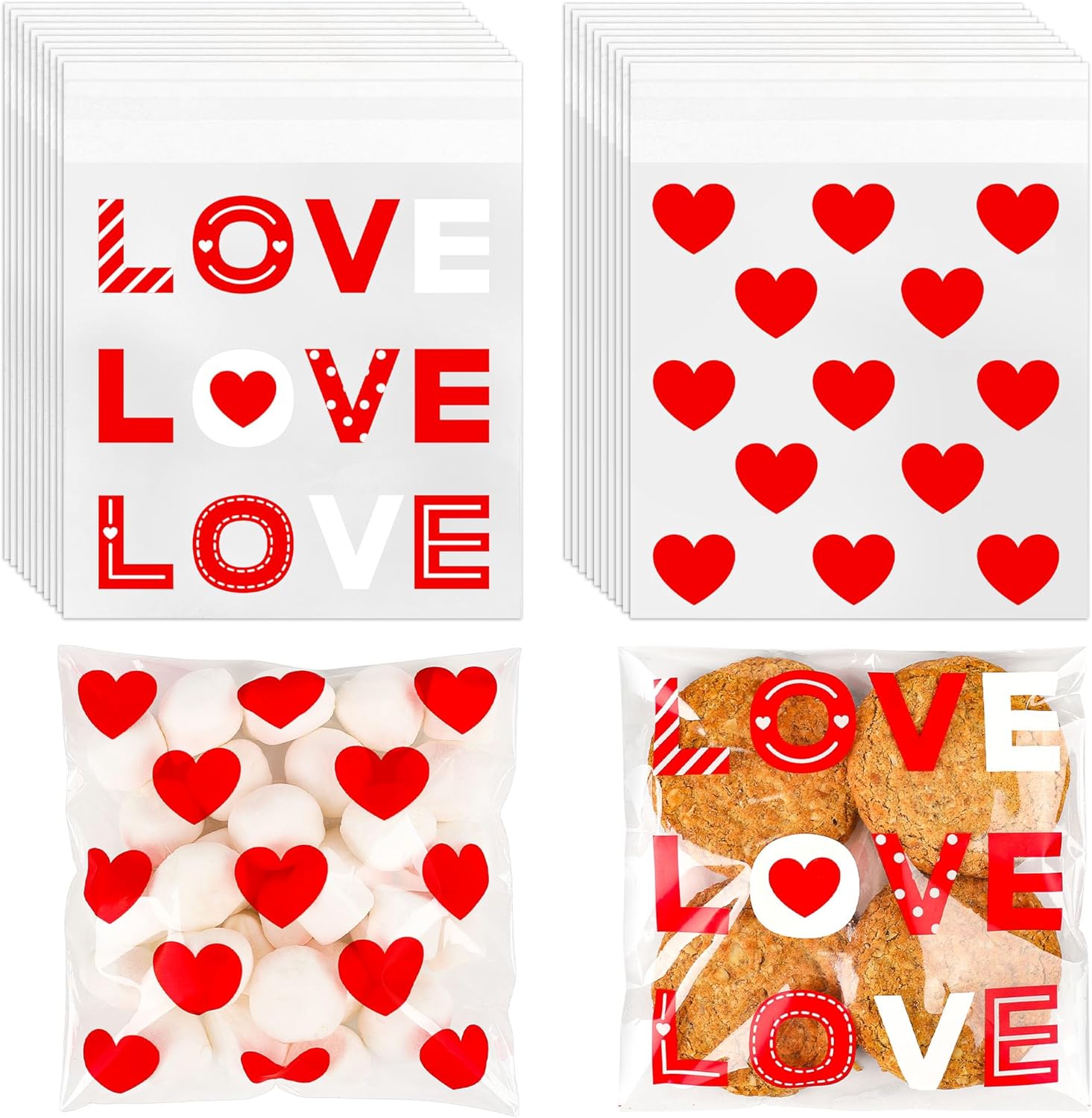 CUDICY self sealing cellophane cookie bags 200 count front view showing white heart design