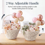 Large tapered holiday gift basket showing folded handle mechanism