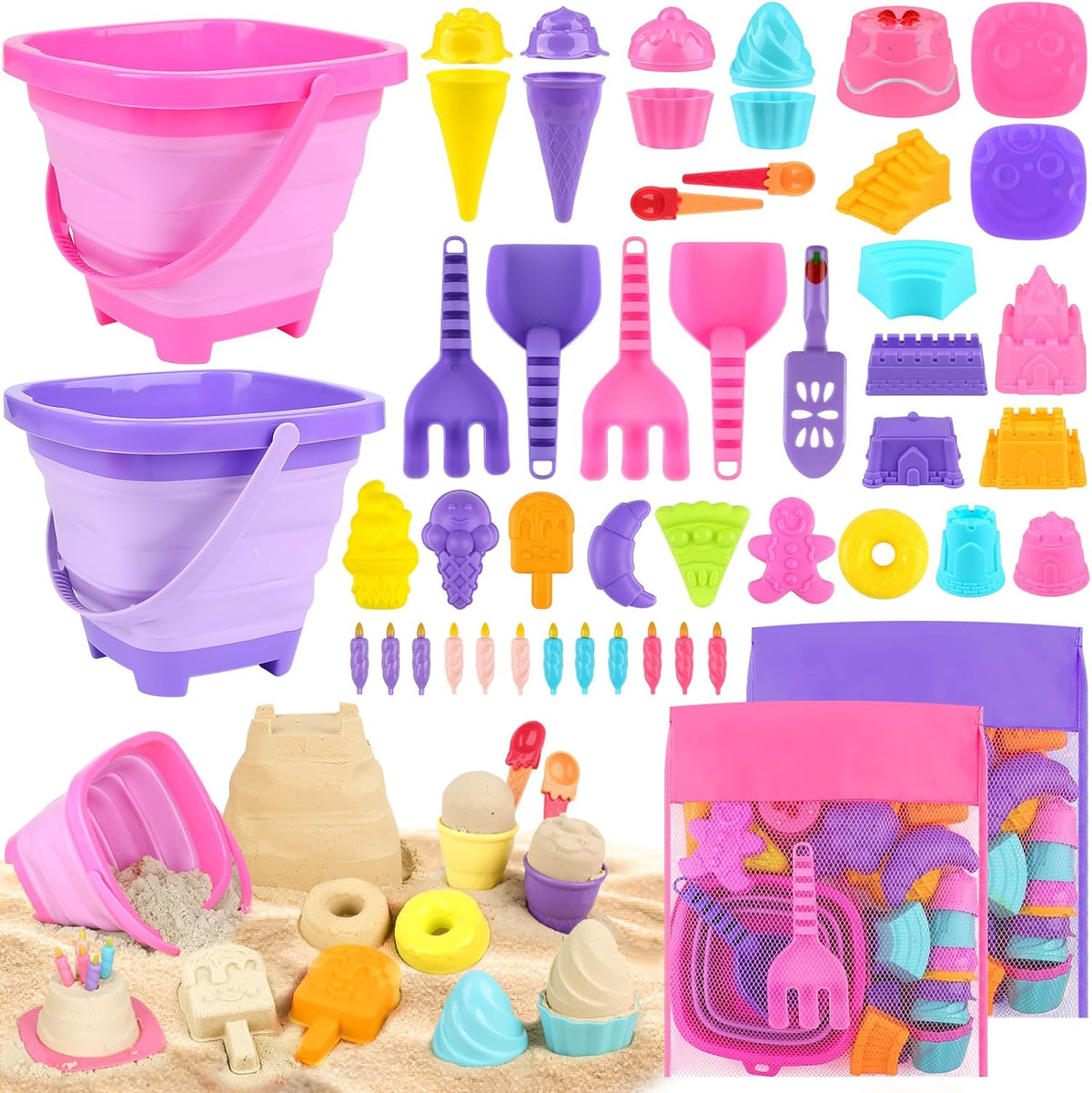 Dreamon collapsible beach toy set front view with pink and purple buckets