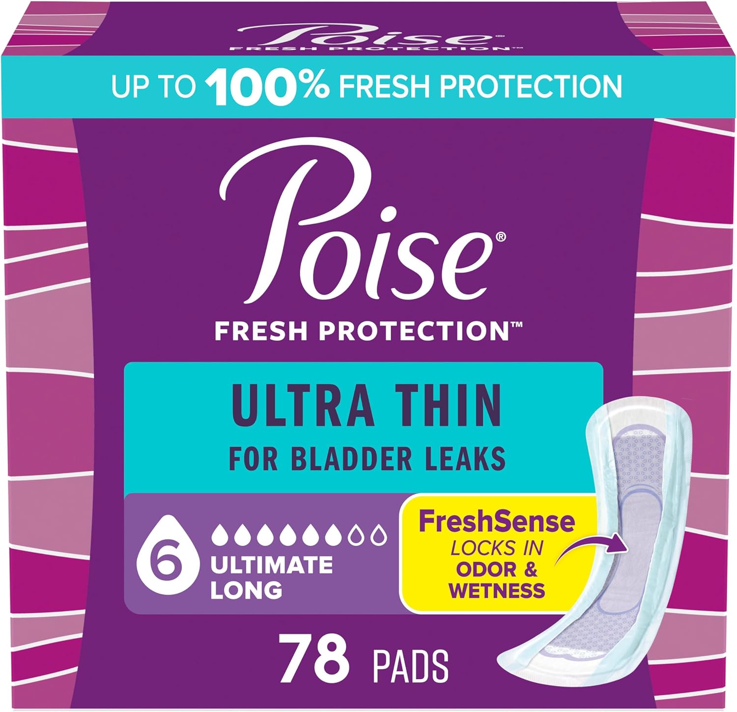 Poise Ultra Thin Incontinence Pads packaging front view showing 78 count size
