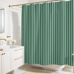 Worthwhile Goods Striped Fabric Shower Curtain front view hanging in modern bathroom.