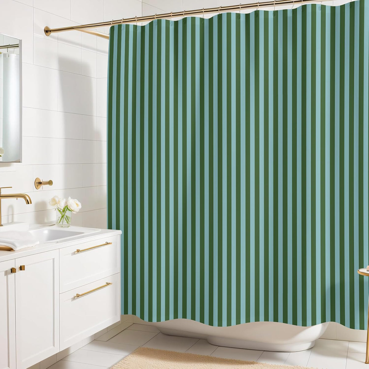 Worthwhile Goods Striped Fabric Shower Curtain front view hanging in modern bathroom.