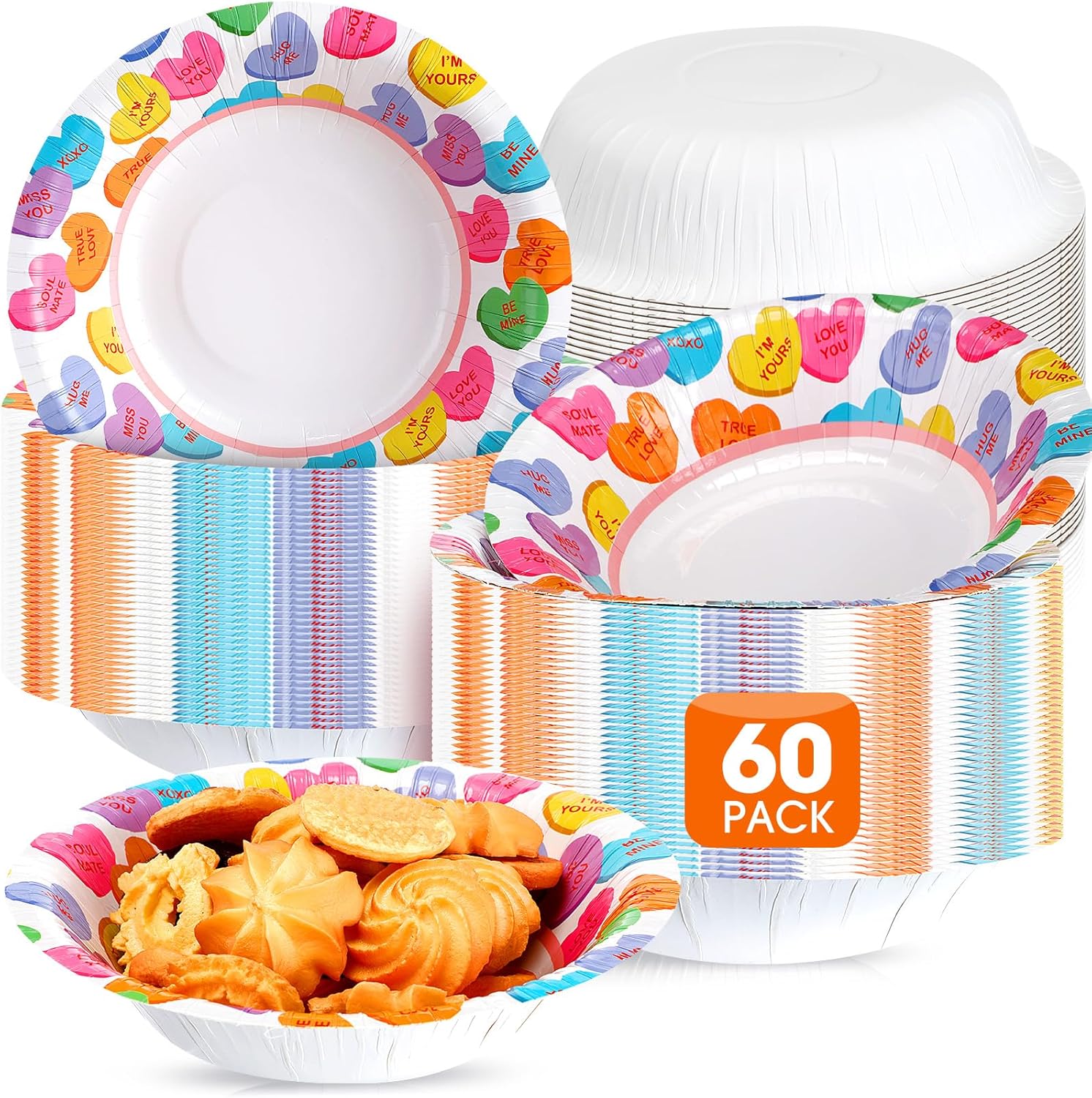 Nuogo 60 piece Valentine's Day disposable heart paper bowls front view