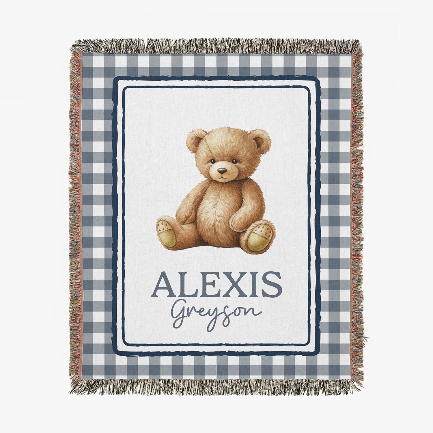 MDPrints Global Custom Woven Blanket with Name front view featuring teddy bear design.