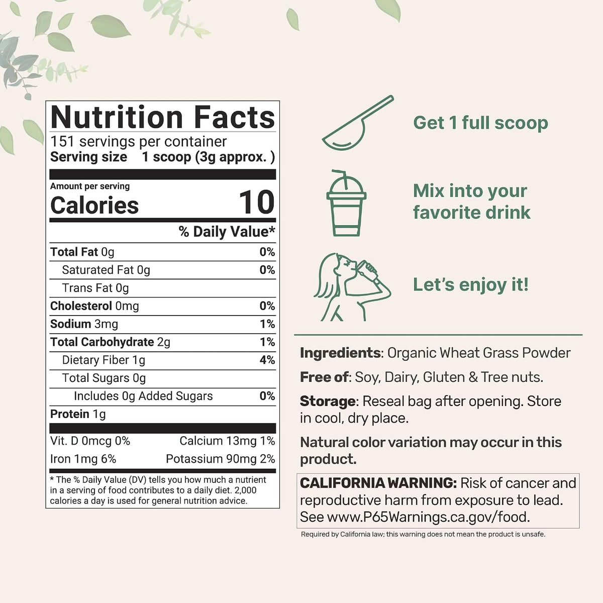 Micro Ingredients wheat grass powder nutritional facts label