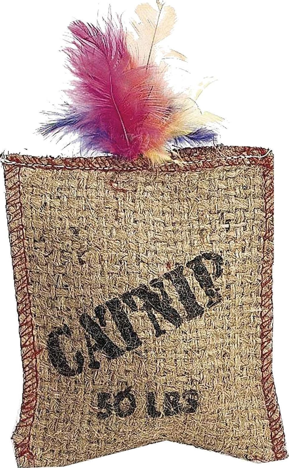 Spot jute and feather sack cat toy front view