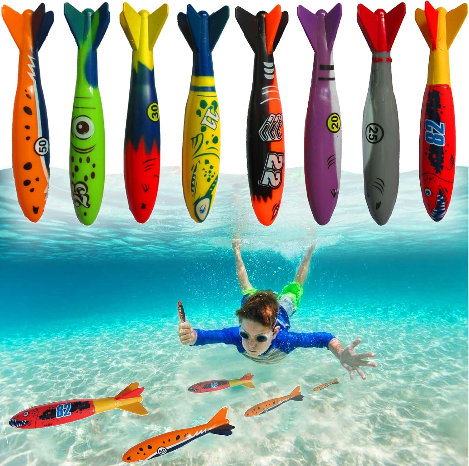 Haktoys pool toys torpedo diving set front view showing eight colorful sinking rockets