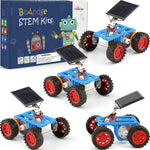 BeAndge STEM solar car kit front view showing four fully assembled robotic toy cars on a white background.