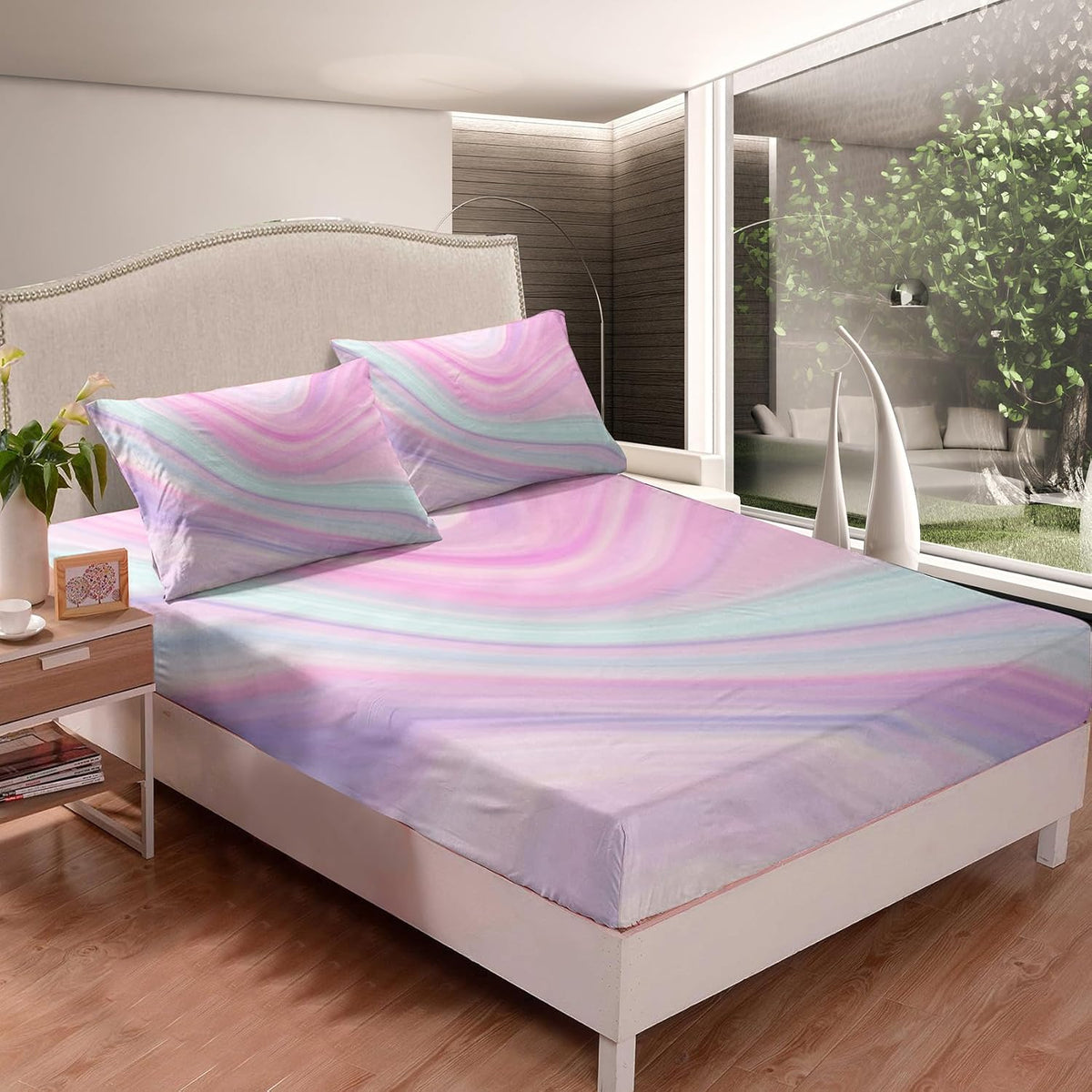 Bodhi tie dye fitted sheet set with marble pattern front view