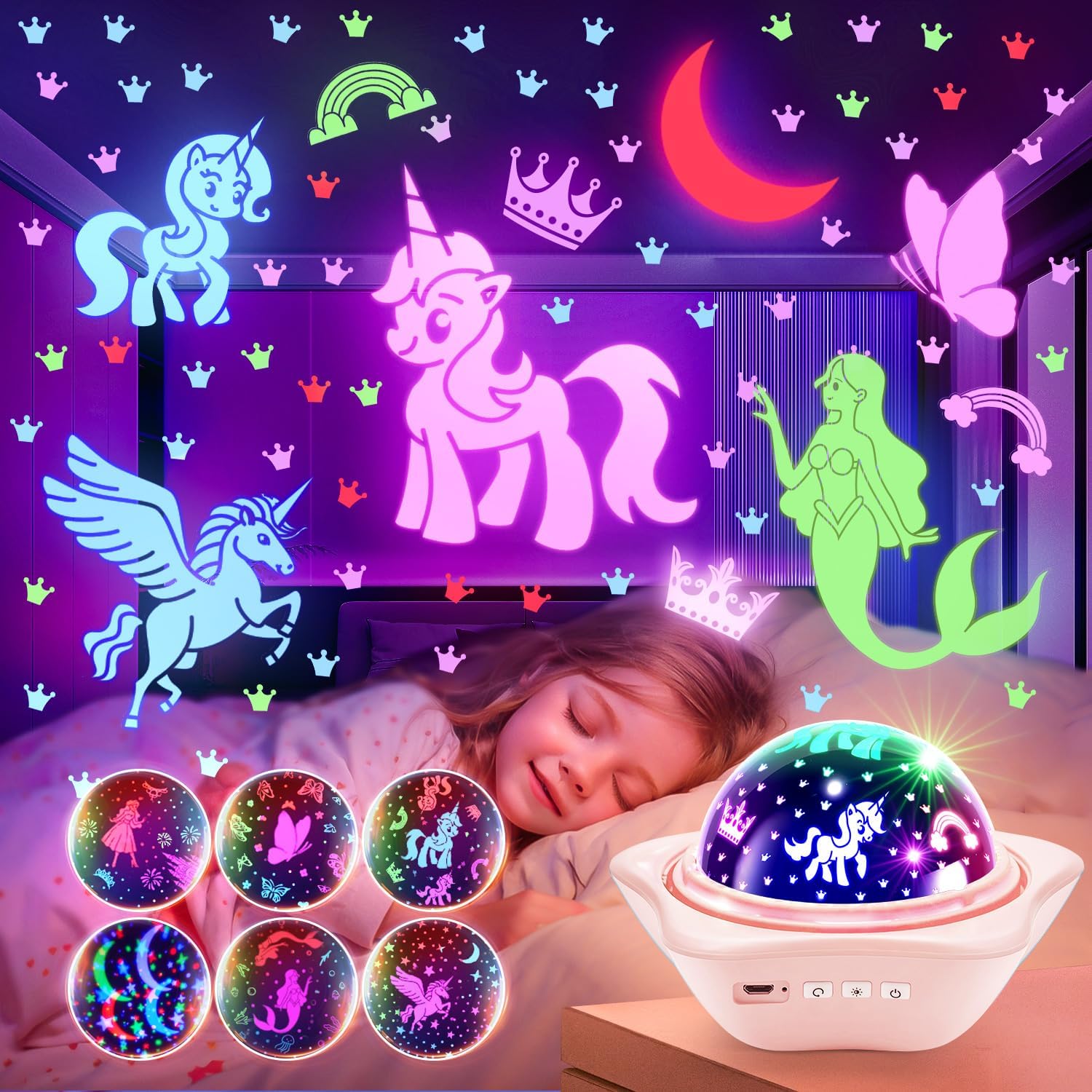 Onefire Girls Toys for Girl Gifts, 6 Films Light Projector Unicorn Toys for Girls Age 4-6, Rechargeable Night Lights for Bedroom, 360° Rotating Butterfly Decor Mermaid Gifts Princess Baby Toddler Toys - Image 1