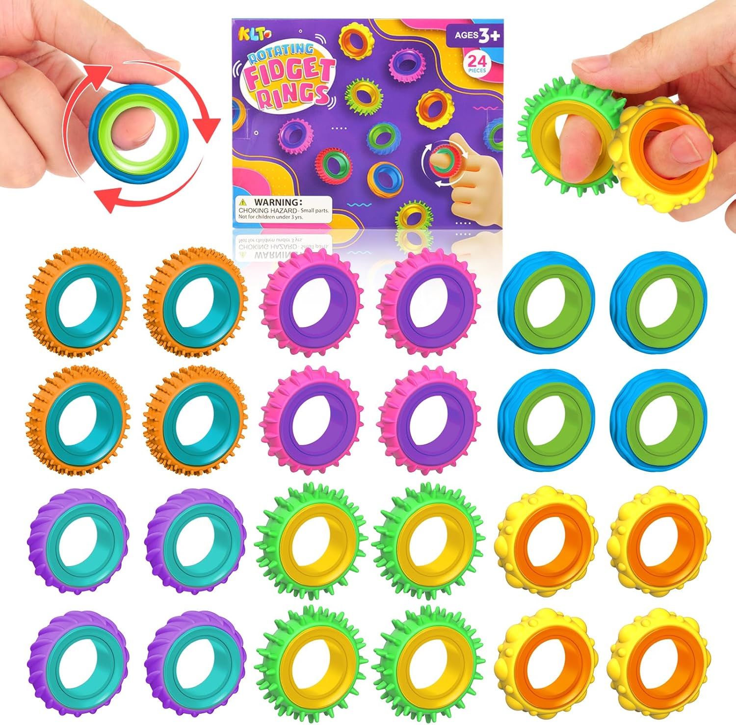 KLT fidget toys sensory rings 24 pack front view displaying multicolored finger spinners