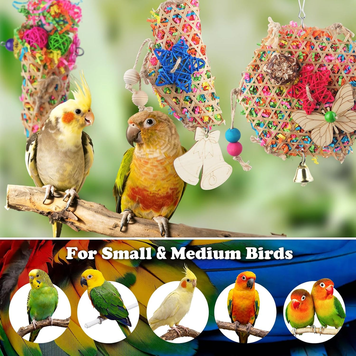 Cockatiel chewing toy with unpainted solid wood elements for beak grinding