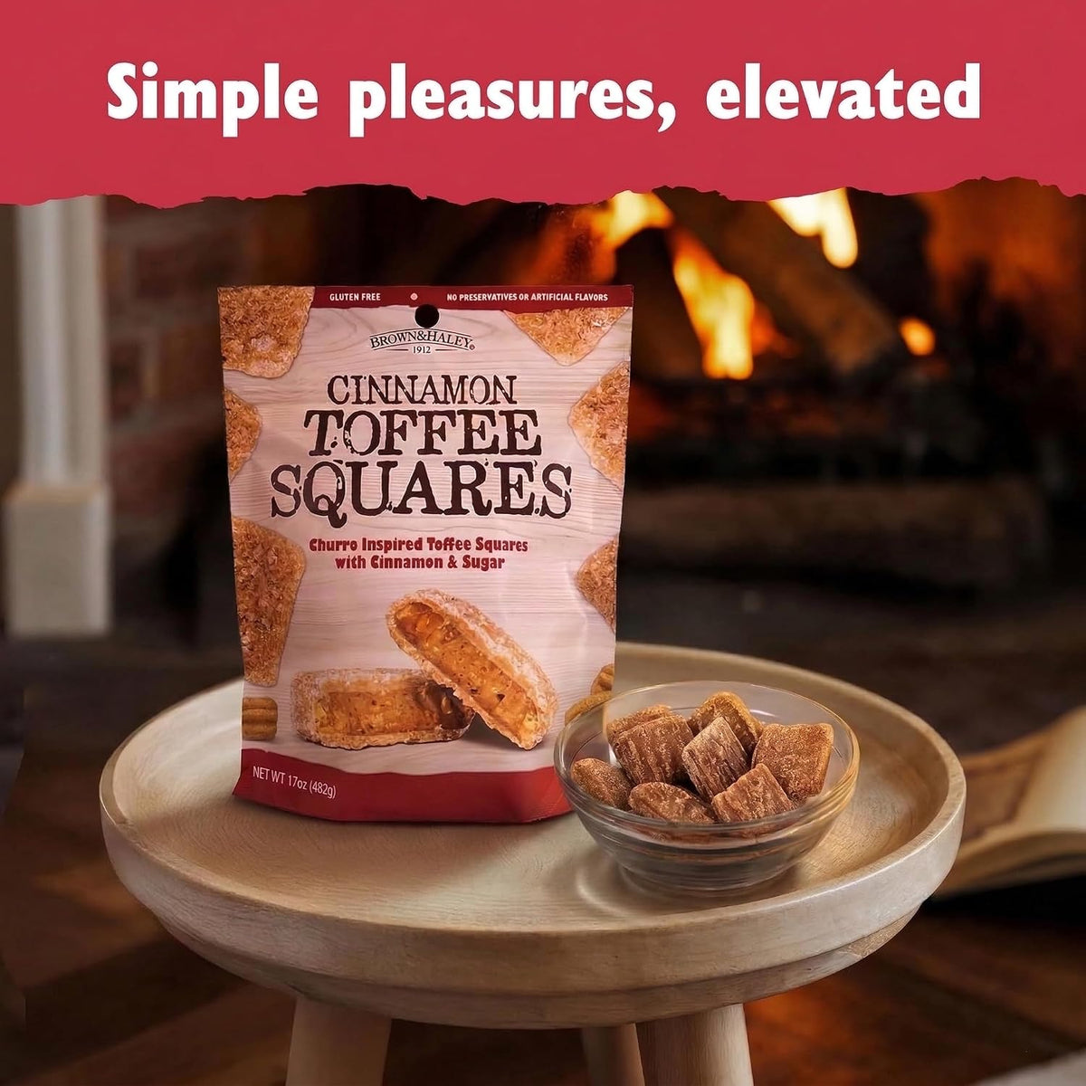 Premium luxury dessert display featuring Brown and Haley spiced almond toffee squares alongside a coffee cup.